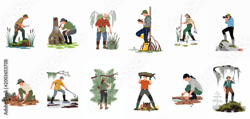 Scientists and environmental researchers exploring wetlands and swamps, conducting field work, biodiversity studies, and ecological monitoring flat vector illustration set.