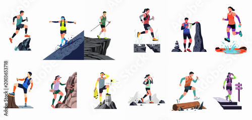Set of flat vector illustrations depicting various trail running and outdoor mountain activities featuring male and female athletes in diverse terrains.