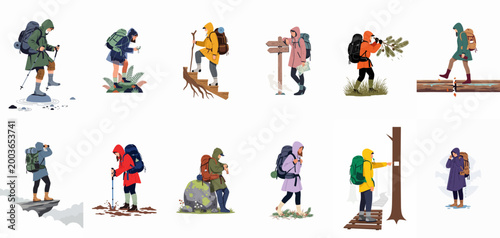 Set of hikers in colorful raincoats and backpacks performing various outdoor activities in flat illustration style.