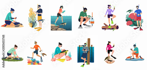Diverse Flat Vector Illustrations of Marine Biologists and Researchers Conducting Sea Turtle Conservation, Monitoring, and Data Collection in Various Ocean Environments.
