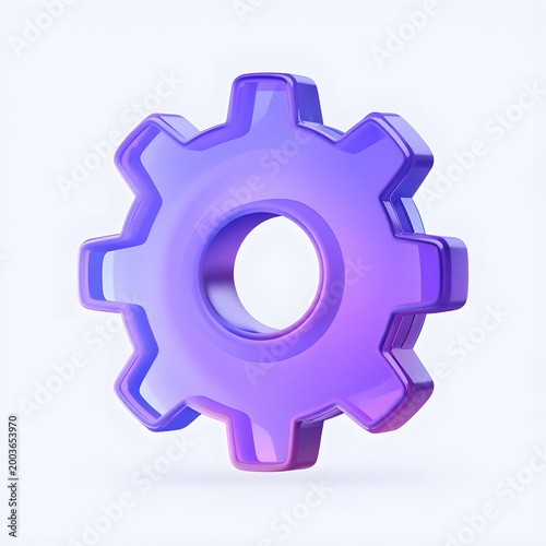 Violet 3D gear with gradient glow on white background