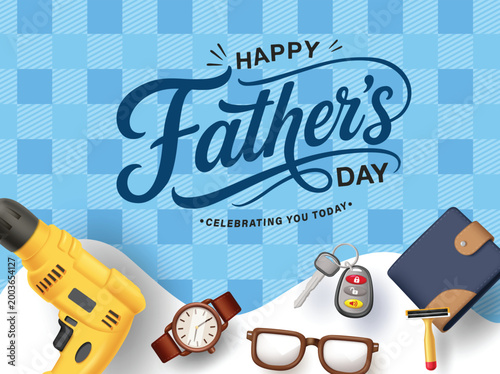 Happy Father's Day Banner with Drill Watch Wallet and Glasses Vector Illustration