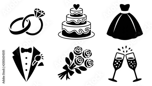 Tableau sur toile Black and white wedding celebration icons set Vector