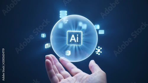 A glowing sphere with an AI symbol is held in a person hand, representing technology and innovation in a futuristic concept