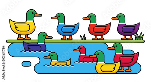 Colorful ducks in a pond.