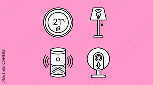 A collection of vector graphic illustrations representing smart home technology devices for modern living