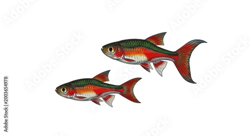 Photos Two small colorful fish swimming on a white background, clear water creatures