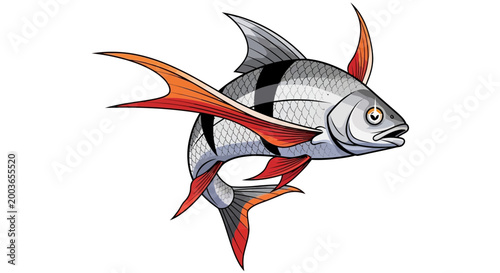 Stylized Fish Illustration with Orange Fins and Black Stripes