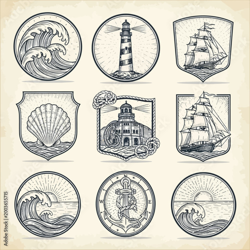 Vintage nautical icons and crests.
