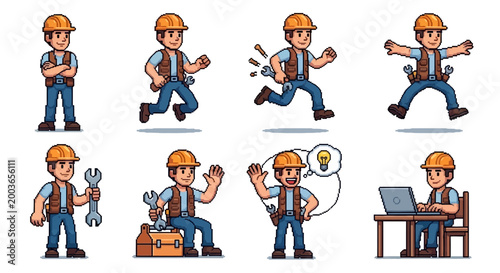 Construction Worker Character Set Diverse Poses.