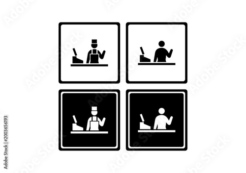 Photos Set of four minimalist pictograms in showing a cashier and customer at a retail counter, representing sales, checkout, and customer service