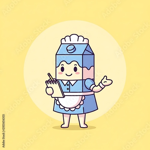 A cartoon-style illustration of a milk carton personified as a waitress, holding a notepad and smiling friendly