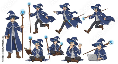 Young Male Wizard Character Set Various Poses.