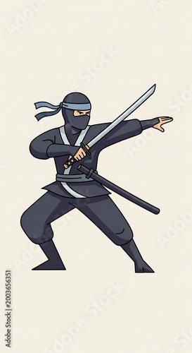 A cartoon-style illustration of a ninja, clad in black attire, holding two swords and striking a dynamic pose