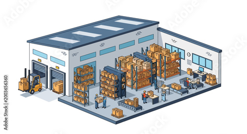 Isometric Warehouse Interior with Forklifts and Cargo.