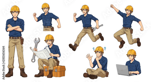 Cartoon man in blue shirt working.