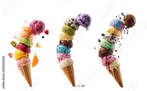 Ice Cream Cone Stack Collection – Colorful Melting Scoops, Dynamic Food Splash Concept