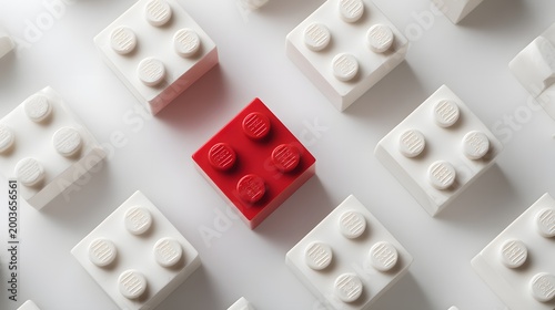Red Lego Brick Surrounded by White Bricks - A Concept of Uniqueness and Standing Out.