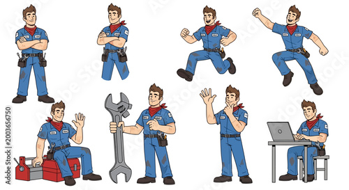Cartoon mechanic worker character set.
