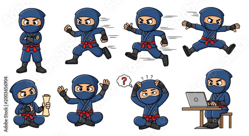 Canvas Print Cartoon ninja character in various poses.