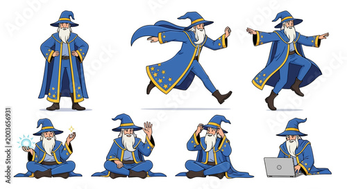 Cartoon wizard in blue robes.