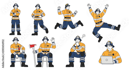 Set of Diverse Firefighter Poses and Actions.