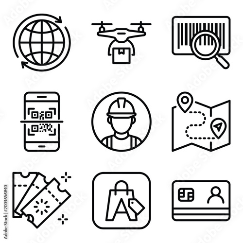 Supply chain management and logistics technology line icons including drone delivery and warehouse tracking