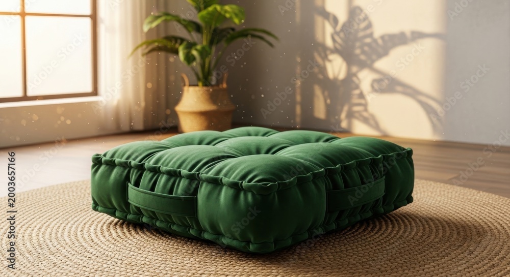Fototapeta premium A Deep Emerald Green Plush Velvet Floor Cushion Offering Comfortable Seating Indoors