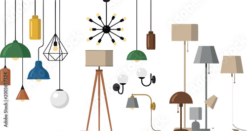 Modern Collection of Interior Lighting Fixtures Including Pendant Lamps Floor Tripods Sconces and Stylish Desk Lamps