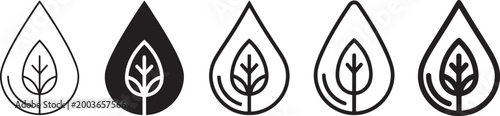 Set of water drop icons with leaf symbols representing nature conservation in various line styles including minimal thin line bold silhouette geometric outline and rounded outline designs Vector