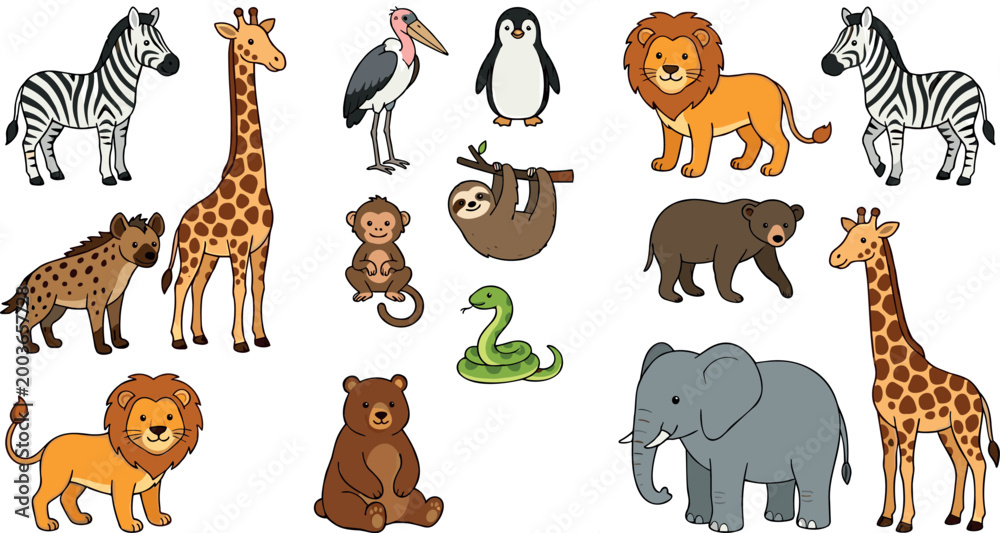 Fototapeta premium Adorable Collection of Wild Animal Characters Featuring Lion Elephant Giraffe Zebra and Other Zoo Favorites for Kids