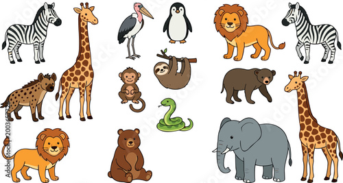 Adorable Collection of Wild Animal Characters Featuring Lion Elephant Giraffe Zebra and Other Zoo Favorites for Kids