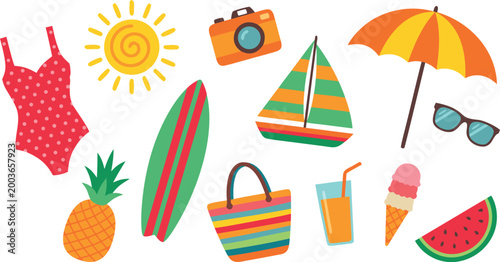 Colorful Collection of Summer Vacation Essentials Including Swimwear Beach Accessories Travel Gear and Tropical Island Icons