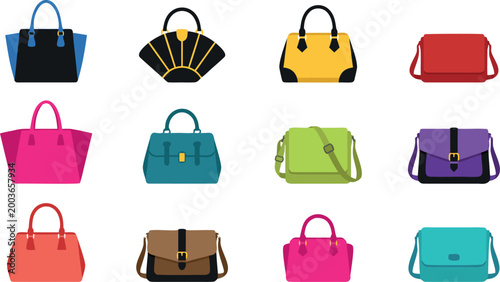 Colorful Collection of Modern Women Fashion Handbags Including Tote Shoulder Messenger and Satchel Bag Style Illustrations