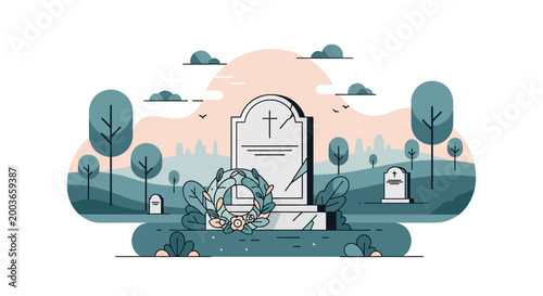 Bilde på lerret Cemetery Landscape with Gravestone and Wreath, City Skyline Background