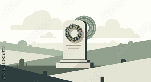 Bild auf Leinwand Grave Monument with Wreath in Hilly Landscape