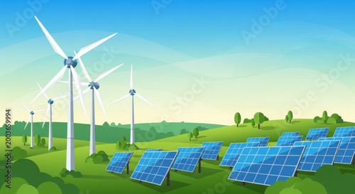 Renewable energy farm with solar panels and wind turbines in green landscape