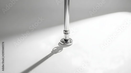 Elegant chrome faucet casting a long shadow on a pristine white surface, minimalist design.