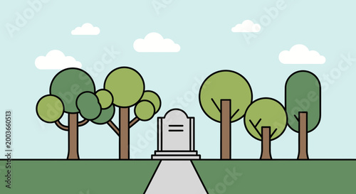Fotografie Simple tombstone in a park, surrounded by trees and clouds, flat design
