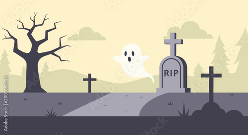 Konstfotografi Spooky Ghost Flying Over Cemetery With RIP Tombstone and Bare Tree
