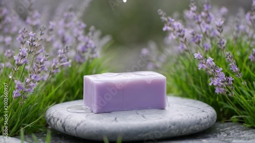 A bar of purple soap sits on a stone, surrounded by green grass and purple flowers, with water droplets