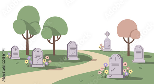 Foto Cartoon Cemetery Scene with Gravestones, Trees, and Flowers
