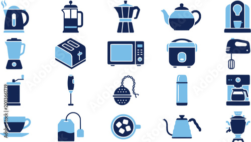 Electric kettle icons with steam for kitchen apps, hot beverage menus, and household appliance guides.
