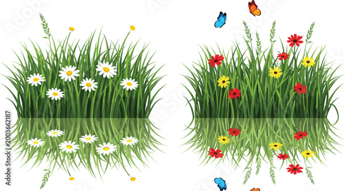 Εκτύπωση καμβά Spring meadow reflection vector set featuring grass with daisies and colorful wi
