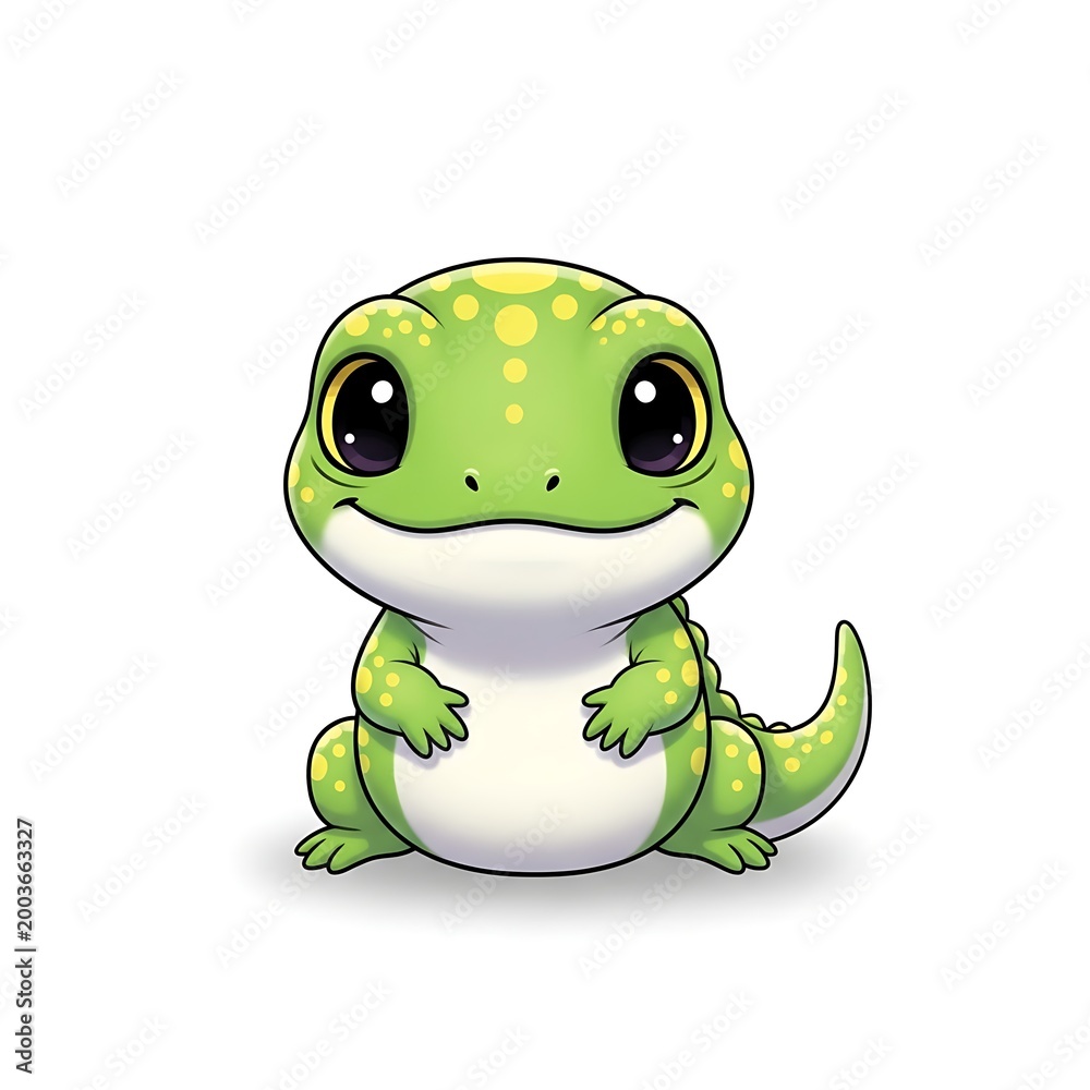 Fototapeta premium Cute cartoon green gecko with yellow spots and big eyes on white background