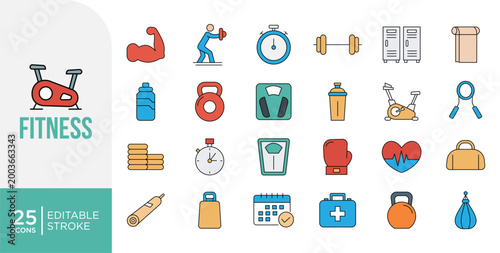 Fitness and Gym Line Icons Set. Workout and Health Training, Training, Exercise, Gym Tools Symbols Editable Stroke
