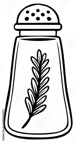 Line art illustration of a salt shaker with a sprig of rosemary inside, kitchen utensil for seasoning.