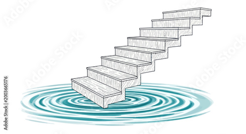 Obraz na płótnie Wooden stairs ascend from swirling water ripples.