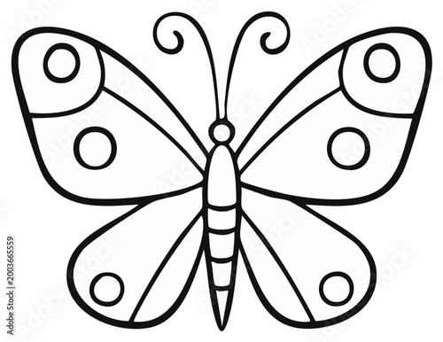 Outlined butterfly illustration, graphic design element for coloring book.