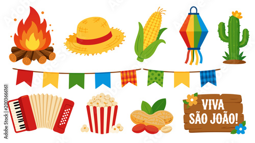 São João Flat Vector Icon Set 2D Isolated on White Background